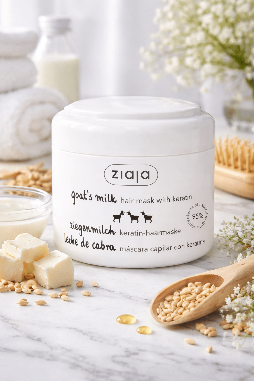 Ziaja Goat’s Milk Vuohenmaito Hiusnaamio 200 ml – Korjaava & Kosteuttava Keratiini Hiusten Tehohoito Kuiville ja Vaurioituneille Hiuksille - Skonbeauty.com