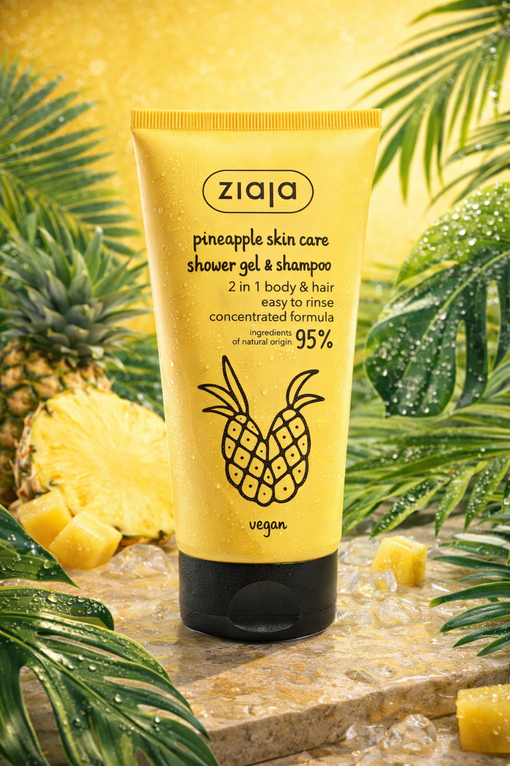 Ziaja Pineapple Skin Care Ananas 2in1 Suihkugeeli & Shampoo 160 ml – Energisoiva vegaaninen pesugeeli hiuksille ja vartalolle - Skonbeauty.com